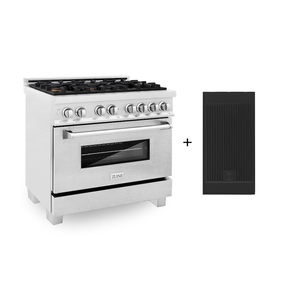 ZLINE 36 in. 4.6 cu. ft. Legacy Dual Fuel Range with Gas Cooktop and Electric Convection Oven in Satin Stainless Steel with 6 Brass Burners and Griddle (RAS-SN-BR-GR-36) main image.