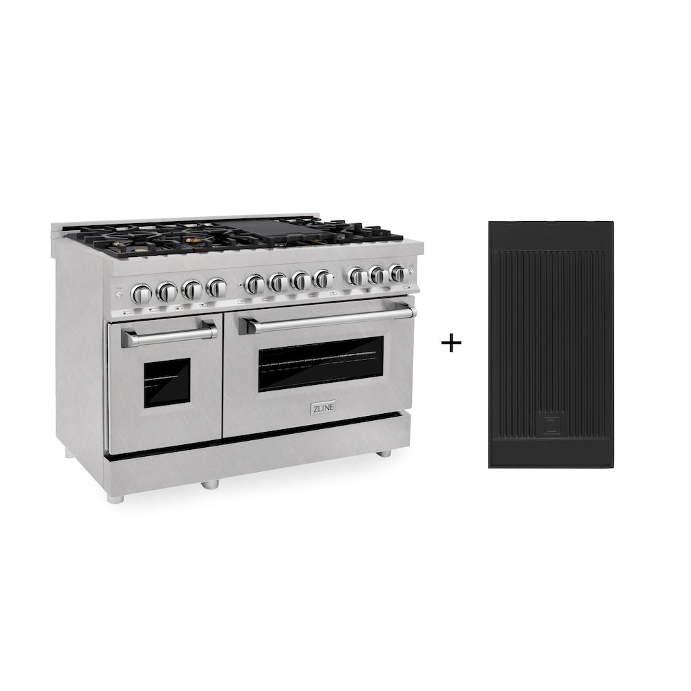 ZLINE 48 in. 6.0 cu. ft. Legacy Dual Fuel Range with Gas Cooktop and 2 Electric Ovens in Satin Stainless Steel with 6 Brass Burners and Griddle (RAS-SN-BR-GR-48) main image.