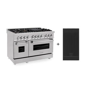 ZLINE 48 in. 6.0 cu. ft. Legacy Dual Fuel Range with Gas Cooktop and 2 Electric Ovens in Satin Stainless Steel with 6 Brass Burners and Griddle (RAS-SN-BR-GR-48) main image.