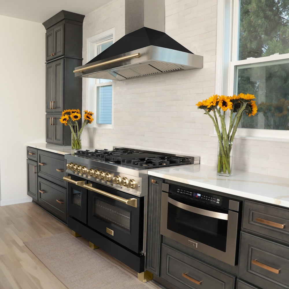 ZLINE Autograph Edition 48 in. 6.0 cu. ft. Legacy Dual Fuel Range with 7 Burner Gas Cooktop and 2 Electric Ovens in Satin Stainless Steel with Black Matte Doors and Champagne Bronze Accents, Open Box-Good Condition