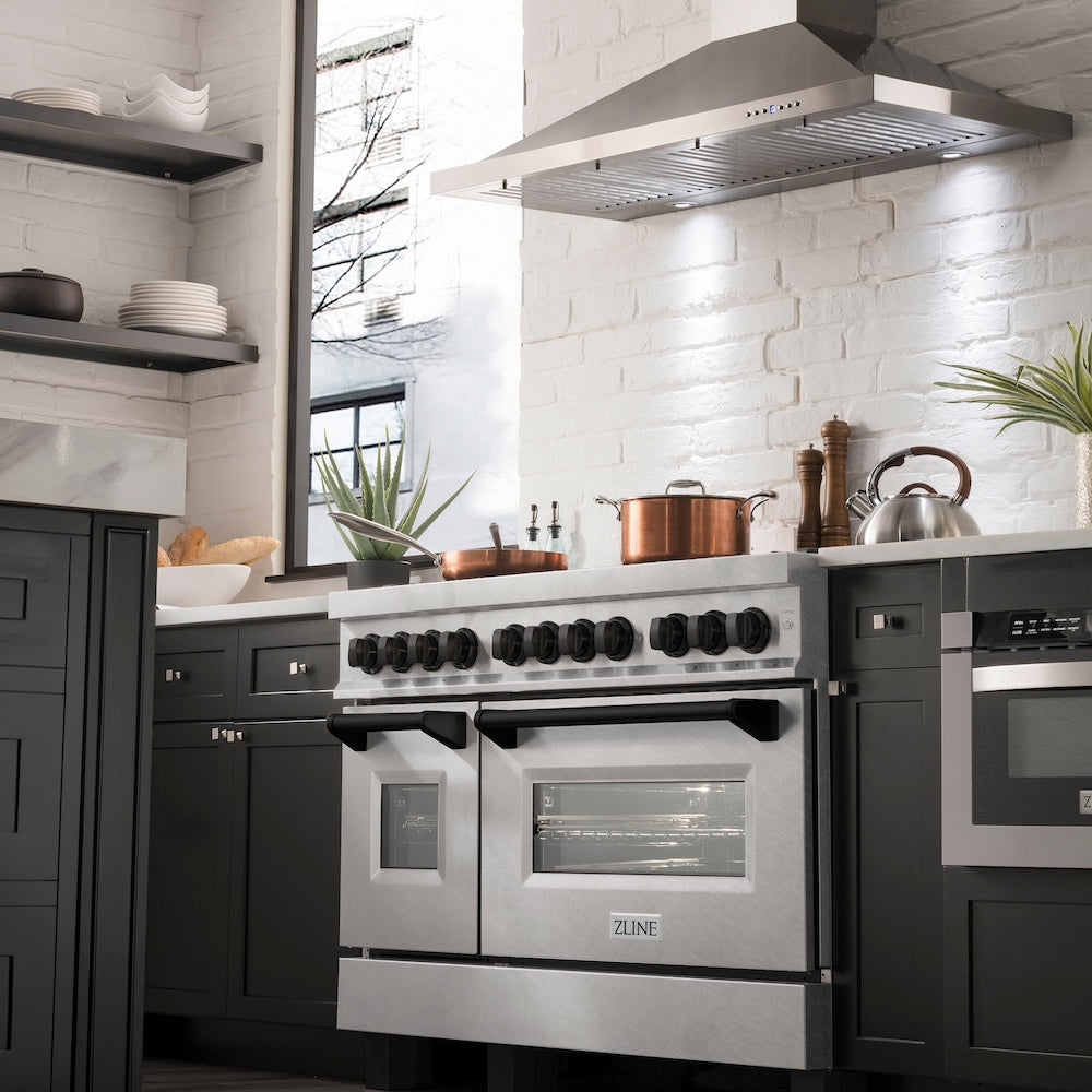 ZLINE Autograph Edition 48 in. 6.0 cu. ft. Legacy Dual Fuel Range with 7 Burner Gas Cooktop and 2 Electric Ovens in Satin Stainless Steel and Matte Black Accents, Open Box-Good Condition