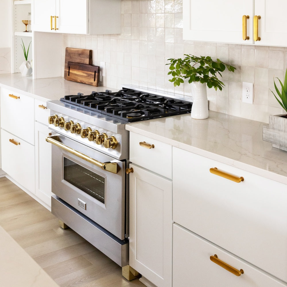 ZLINE Autograph Edition 36 in. Kitchen Package with Stainless Steel Dual Fuel Range and Range Hood with Polished Gold Accents (2AKP-RARH36-G)