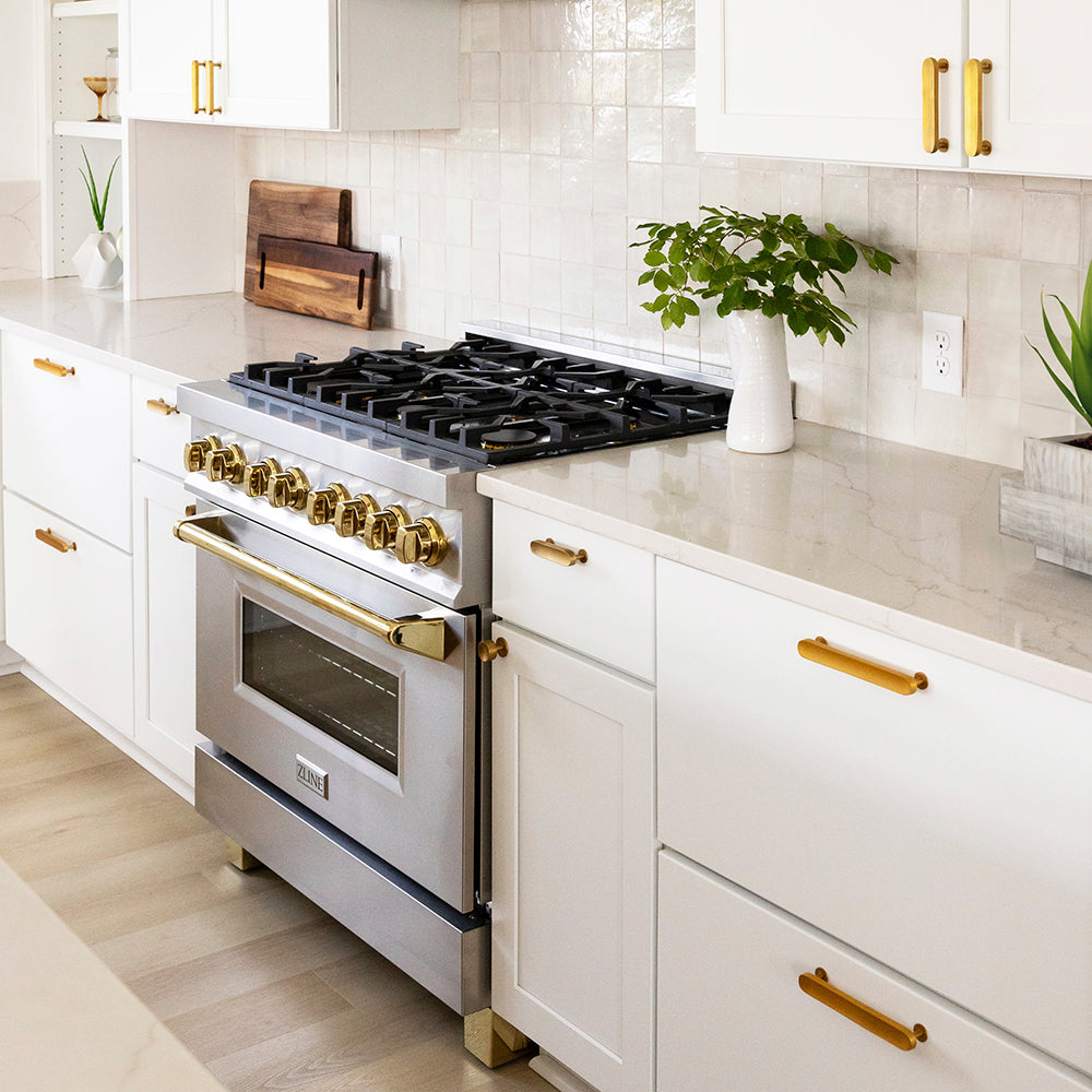 ZLINE Autograph Edition 36 in. 4.6 cu. ft. Legacy Dual Fuel Range with 6 Burner Gas Cooktop and Electric Convection Oven in Stainless Steel and Polished Gold Accents, Open Box-Good Condition