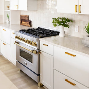 ZLINE Autograph Edition 36 in. Kitchen Package with Stainless Steel Dual Fuel Range, Range Hood and Dishwasher with Polished Gold Accents (3AKP-RARHDWM36-G)