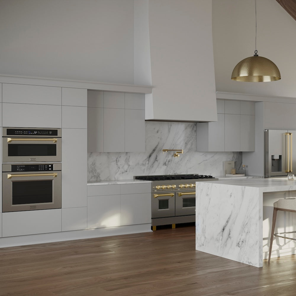 ZLINE Autograph Edition 30 in. 1.6 cu ft. Built-in Convection Microwave Oven in Stainless Steel with Polished Gold Accents (MWOZ-30-G) in a luxury kitchen with matching appliances