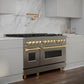 ZLINE Autograph Edition 48 in. 6.0 cu. ft. Legacy Dual Fuel Range with 7 Burner Gas Cooktop and 2 Electric Ovens in Stainless Steel and Polished Gold Accents (RAZ-48-G) in a modern kitchen setting
