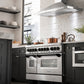 ZLINE Autograph Edition 48 in. 6.0 cu. ft. Legacy Dual Fuel Range with 7 Burner Gas Cooktop and 2 Electric Ovens in Stainless Steel and Matte Black Accents (RAZ-48-MB) in a luxury modern-style kitchen from below.