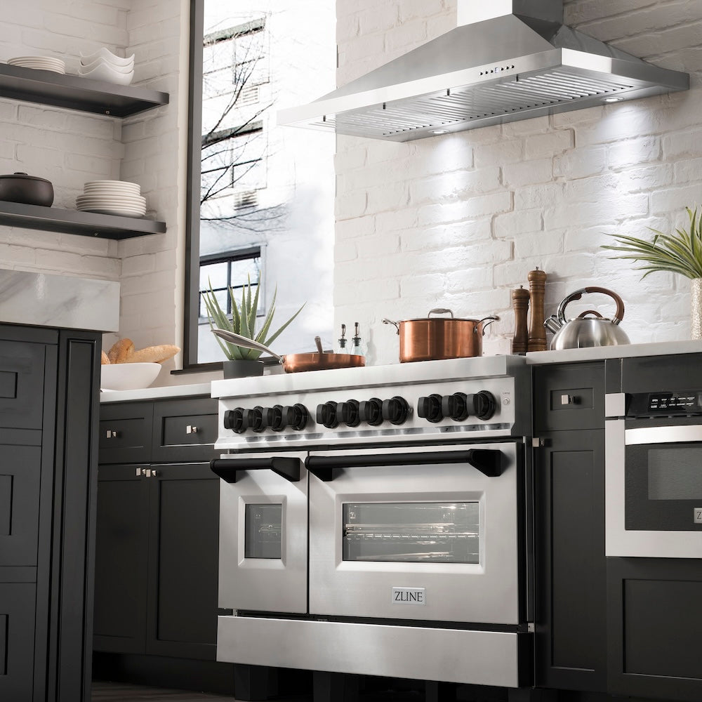 ZLINE Autograph Edition 48 in. 6.0 cu. ft. Legacy Dual Fuel Range with 7 Burner Gas Cooktop and 2 Electric Ovens in Stainless Steel and Matte Black Accents, Open Box-Good Condition