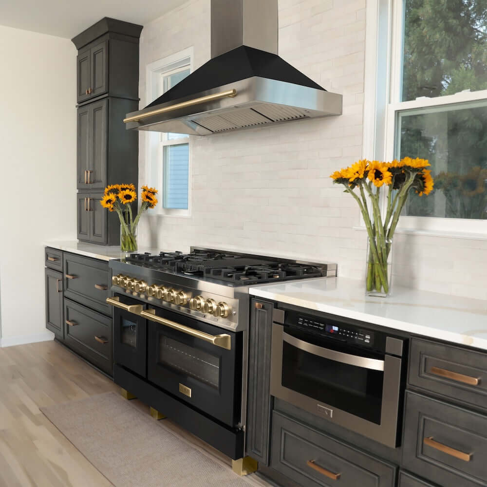 ZLINE Autograph Edition 48-inch Range and Range Hood with Black Matte Details and Champagne Bronze Accents in a Luxury Kitchen with ZLINE Microwave Drawer.