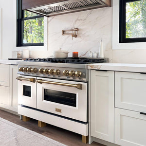 ZLINE Autograph Edition 48 in. 6.0 cu. ft. Legacy Dual Fuel Range with 7 Burner Gas Cooktop and 2 Electric Ovens in Stainless Steel with White Matte Doors and Champagne Bronze Accents, Open Box-Great Condition