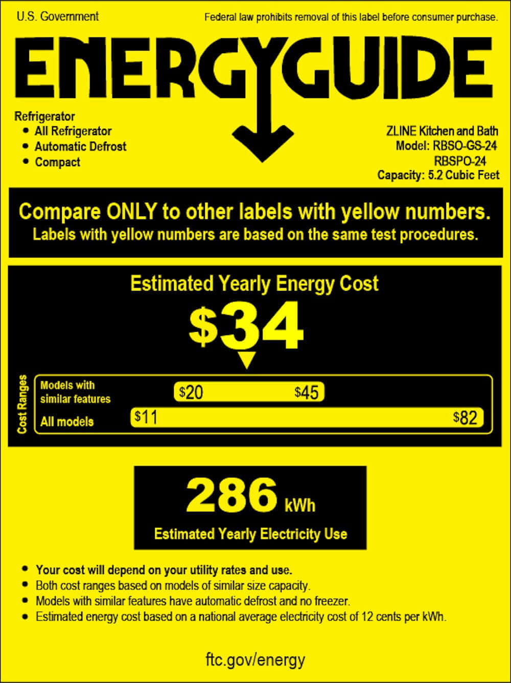 ZLINE 24 in. Touchstone 151 Can Beverage Fridge With White Matte Glass Door (RBSO-WM-24) energy usage guide.