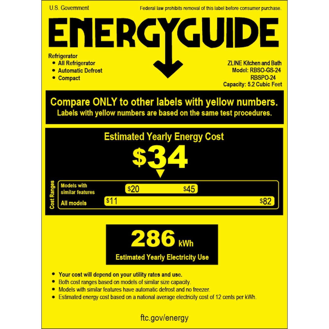 ZLINE Autograph Edition 24 in. Touchstone 151 Can Beverage Fridge With Black Matte Glass Door And Champagne Bronze Handle (RBSOZ-BLM-24-CB) energy usage guide.