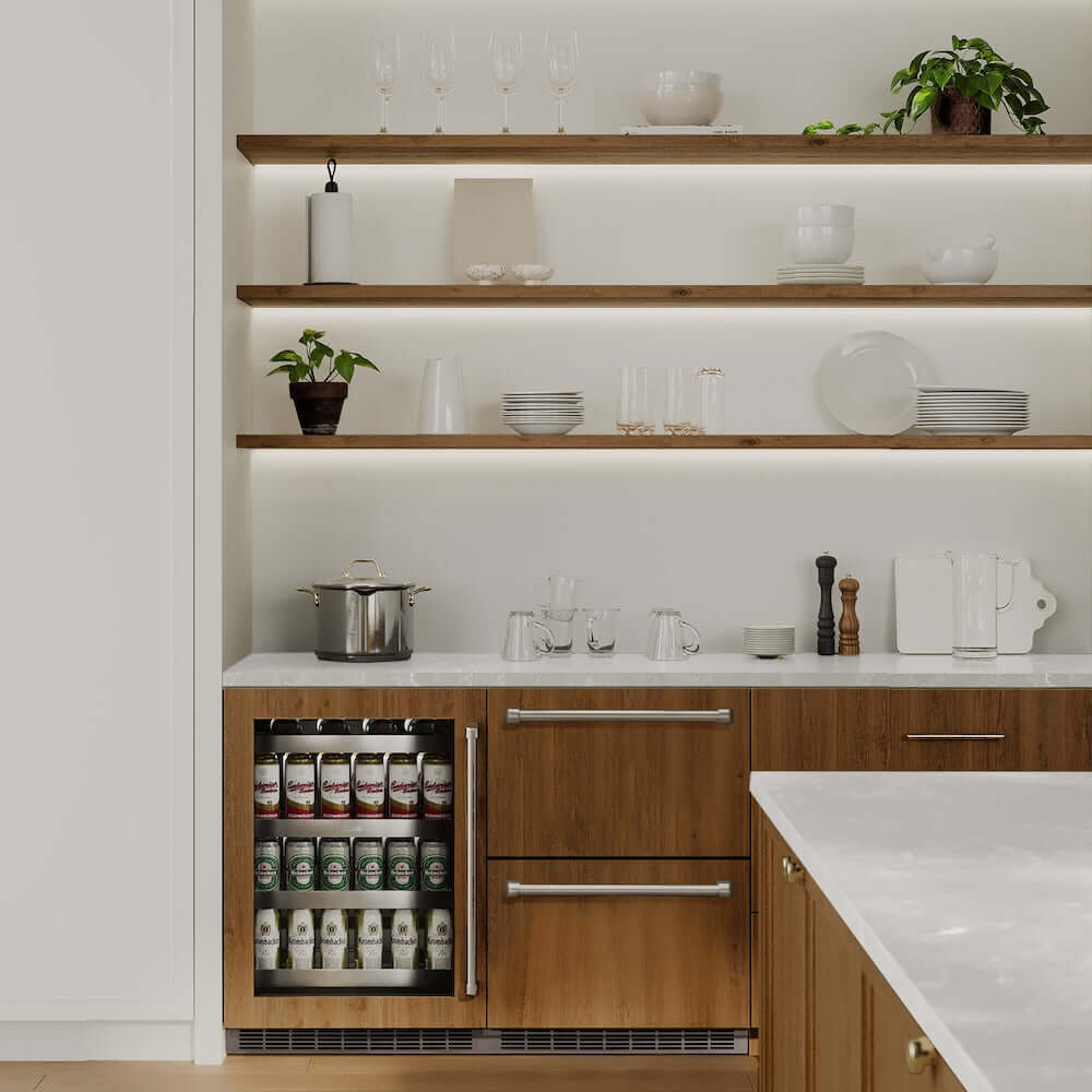 ZLINE 24 in. Touchstone 168 Can Outdoor-Rated Dual Refrigerator Drawer with Panel-Ready Doors (RDSPO-24) in a luxury kitchen.