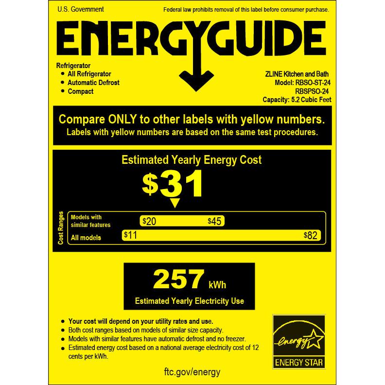 ZLINE Autograph Edition 24 in. Touchstone 151 Can Beverage Fridge With Panel Ready Glass Door And Polished Gold Handle (RBSPOZ-24-G) energy usage guide.