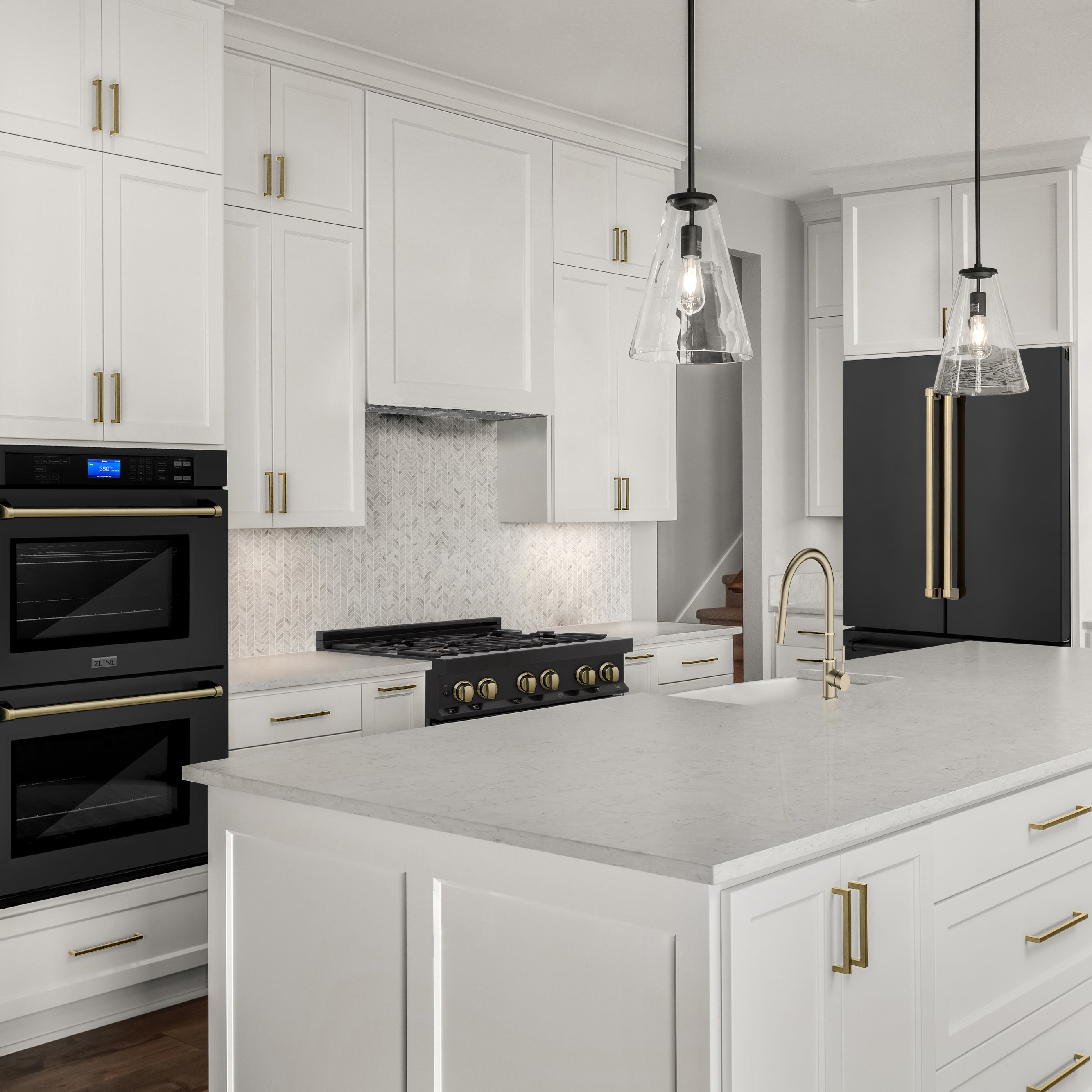 ZLINE Autograph Edition Black Stainless Steel appliances with matching Champagne Bronze accents in a luxury white farmhouse-style kitchen.