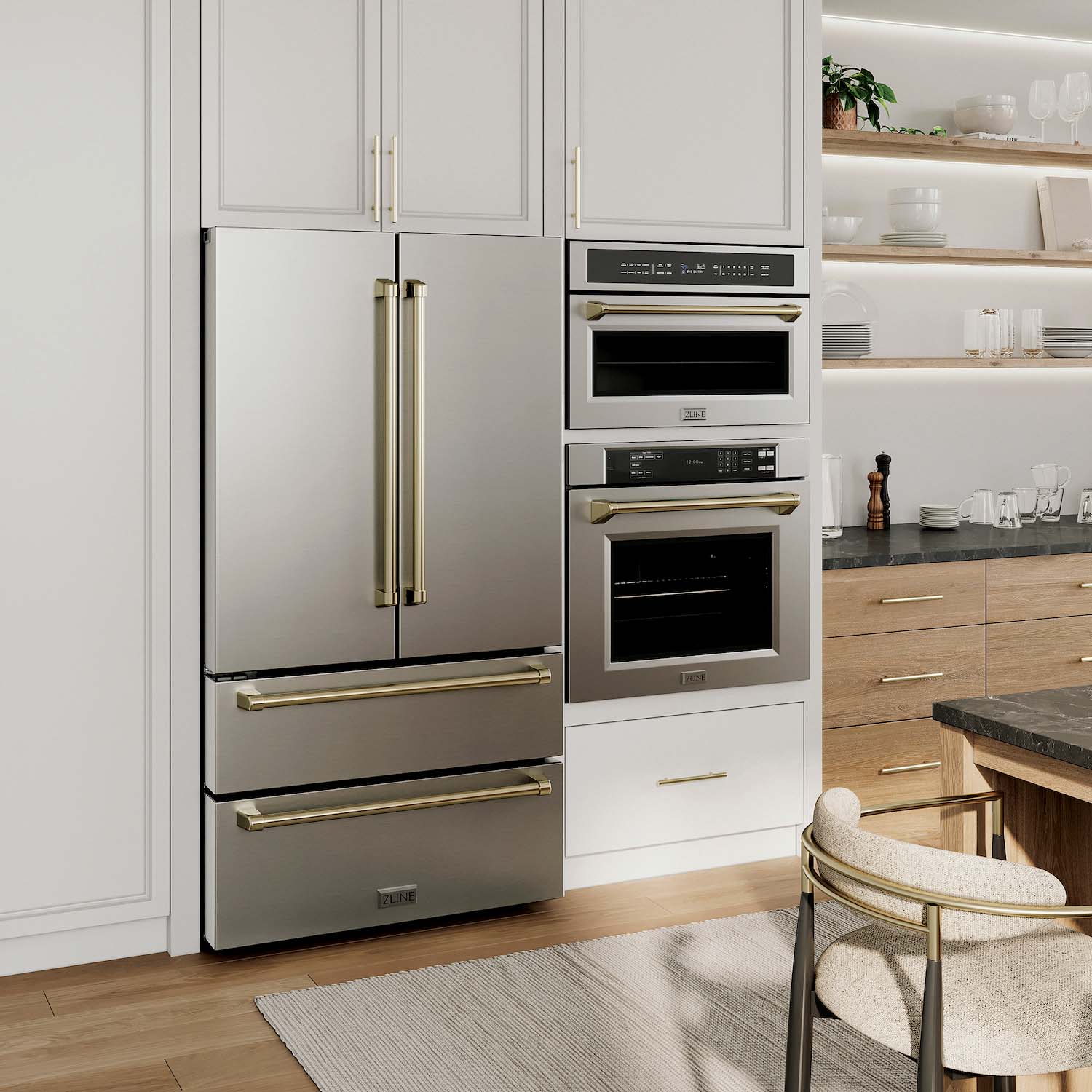 ZLINE Autograph Edition Counter-Depth Refrigerator, Microwave Oven, and Wall Oven in a kitchen with white cabinets and walls.