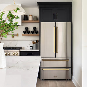 Designer kitchen with a ZLINE Autograph Edition 36 in. 22.5 cu. ft. Counter-Depth French Door Refrigerator with Ice Maker in Fingerprint-Resistant Stainless Steel with Polished Gold Traditional Handles (RFMZ-36-G)