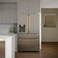 Modern kitchen with a ZLINE Autograph Edition 36 in. 21.6 cu. ft. Counter-Depth French Door Refrigerator with Water and Ice Dispenser in Fingerprint-Resistant Stainless Steel with Polished Gold Traditional Handles (RFMZ-W-36-G)