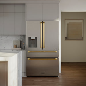 Modern kitchen with a ZLINE Autograph Edition 36 in. 21.6 cu. ft. Counter-Depth French Door Refrigerator with Water and Ice Dispenser in Fingerprint-Resistant Stainless Steel with Polished Gold Traditional Handles (RFMZ-W-36-G)