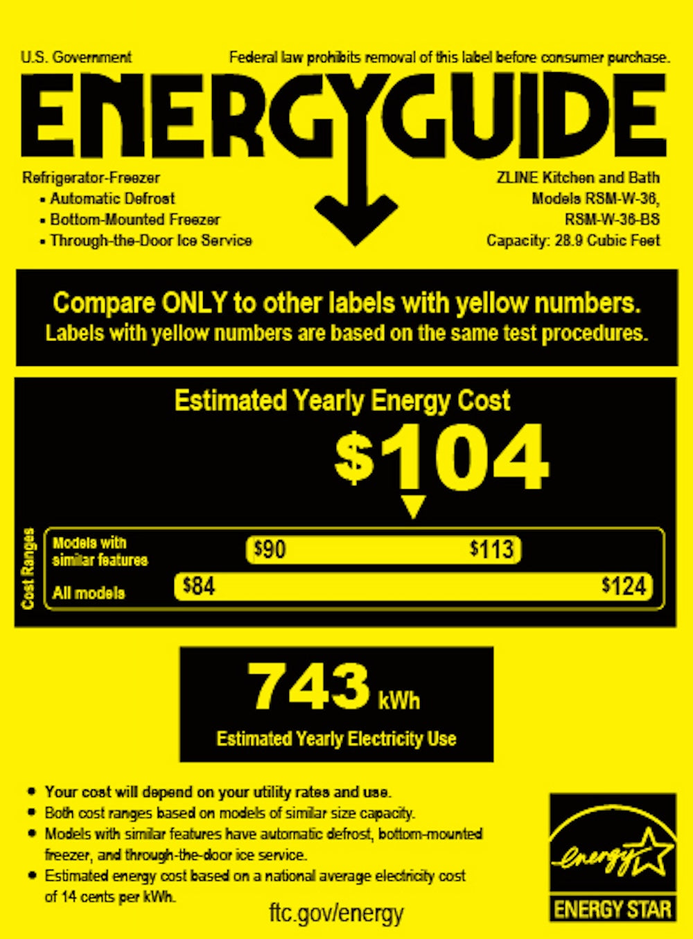 ZLINE 36" Standard Depth Refrigerator Energy Label