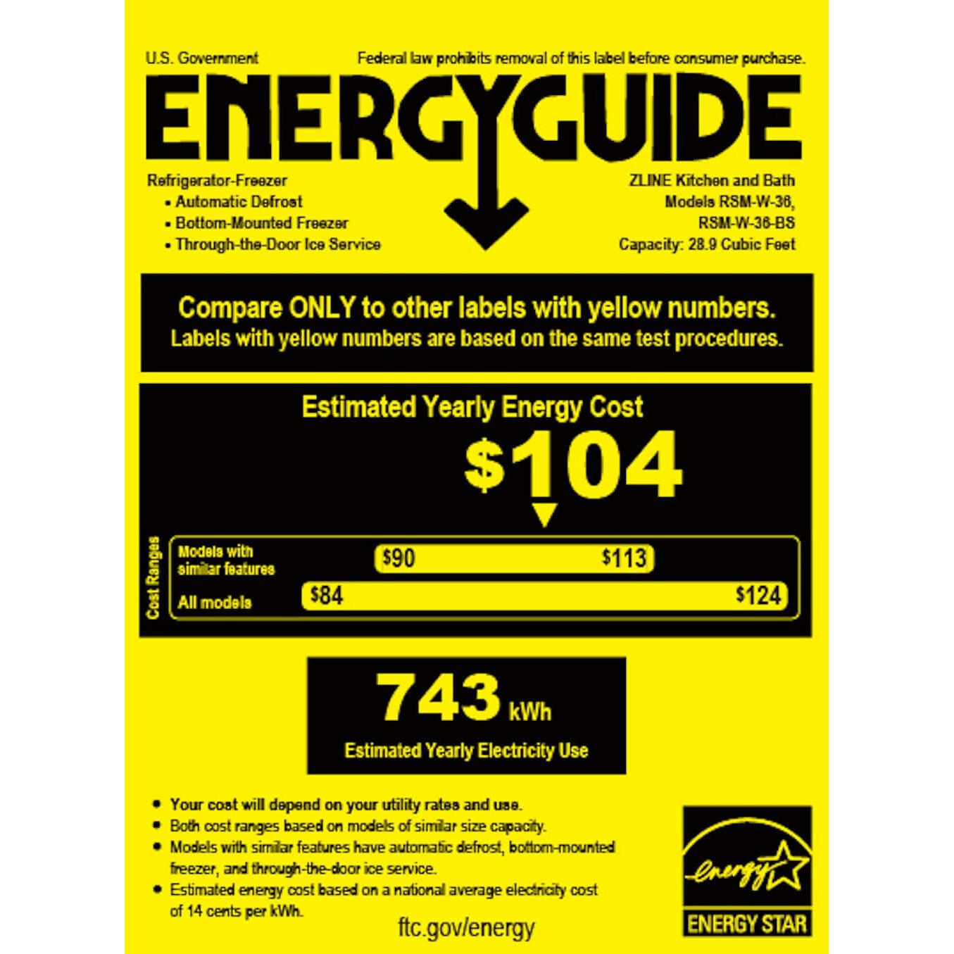 ZLINE Autograph Edition 36 in. 28.9 cu. ft. Standard-Depth French Door External Water Dispenser Refrigerator with Dual Ice Maker in Fingerprint-Resistant Stainless Steel and Polished Nickel Helix Handles (RSMZ-W-36-KPN) energy usage guide.