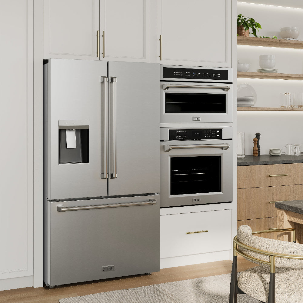 Stainless steel refrigerator, oven, and microwave in a kitchen with wood details.