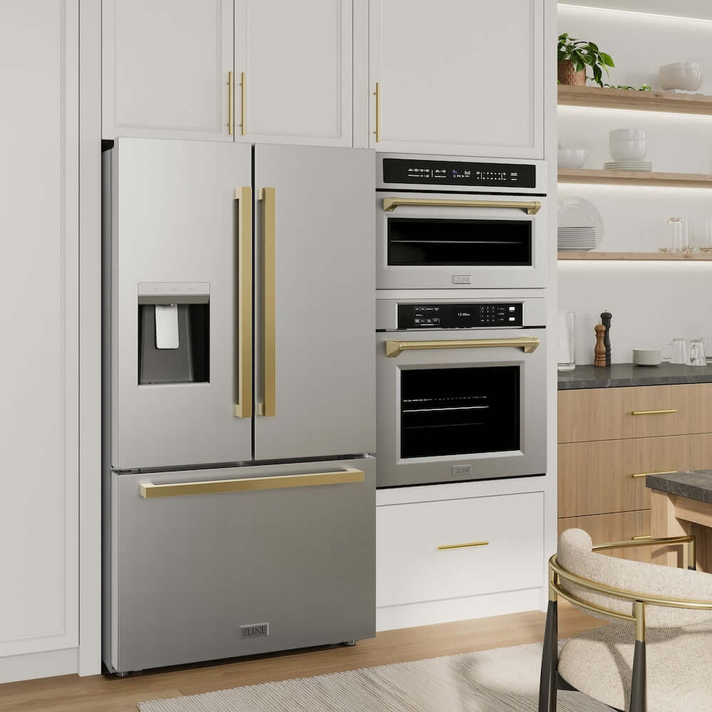 ZLINE Autograph Edition 36 in. 28.9 cu. ft. Standard-Depth French Door External Water Dispenser Refrigerator with Dual Ice Maker in Fingerprint-Resistant Stainless Steel and Polished Gold Modern Handles (RSMZ-W-36-FG)