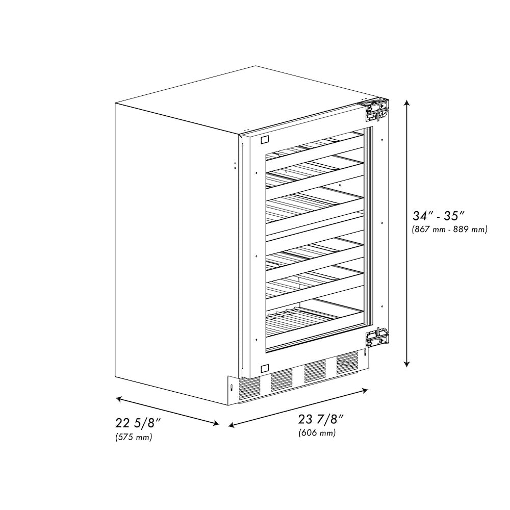 ZLINE 24 in. Touchstone Dual Zone 44 Bottle Wine Cooler With Panel Ready Glass Door (RWDPO-24) dimensional diagram with measurements.