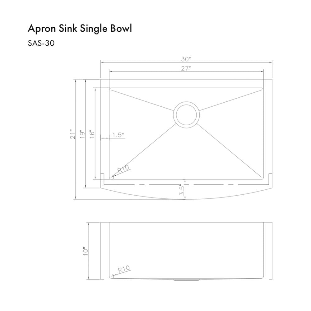 Technical drawing of ZLINE 30 in. Zermatt Farmhouse Apron Mount Single Bowl Kitchen Sink with Bottom Grid and Color Options (SAS-30) with dimensions labeled