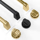 ZLINE Autograph Edition handle and knob finish comparisons. Left - Champagne Bronze. Center - Matte Black. Right - Polished Gold.