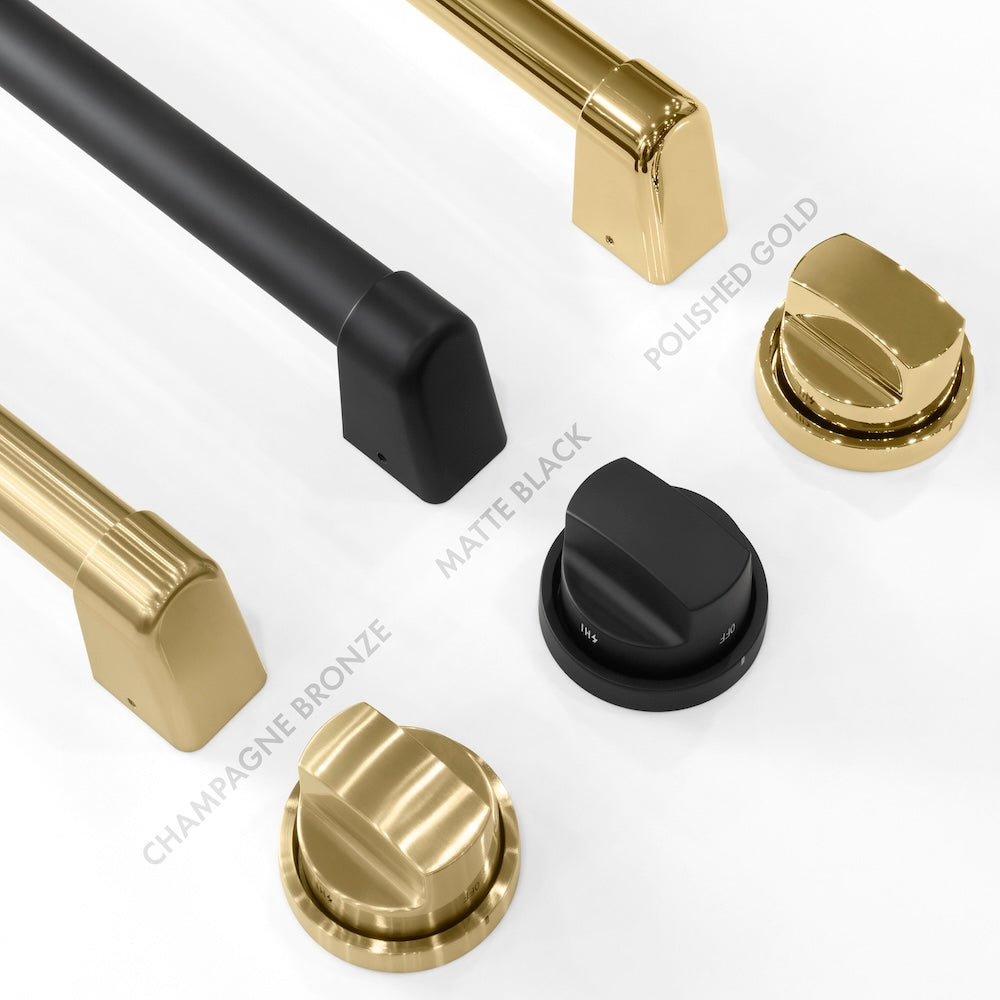 ZLINE Autograph Edition handle finish comparisons. Left - Champagne Bronze. Center - Matte Black. Right - Polished Gold.