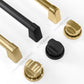 ZLINE Autograph Edition Range handle and knob finish comparisons. Left - Champagne Bronze. Center - Matte Black. Right - Polished Gold.