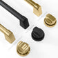 ZLINE Autograph Edition range handle and knob finish comparisons. Left - Champagne Bronze. Center - Matte Black. Right - Polished Gold.