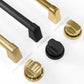 Autograph Edition DuoPro™ range and rangetop handles and knobs finish comparison. Bottom Left: Champagne Bronze. Center: Matte Black. Top Right: Polished Gold.