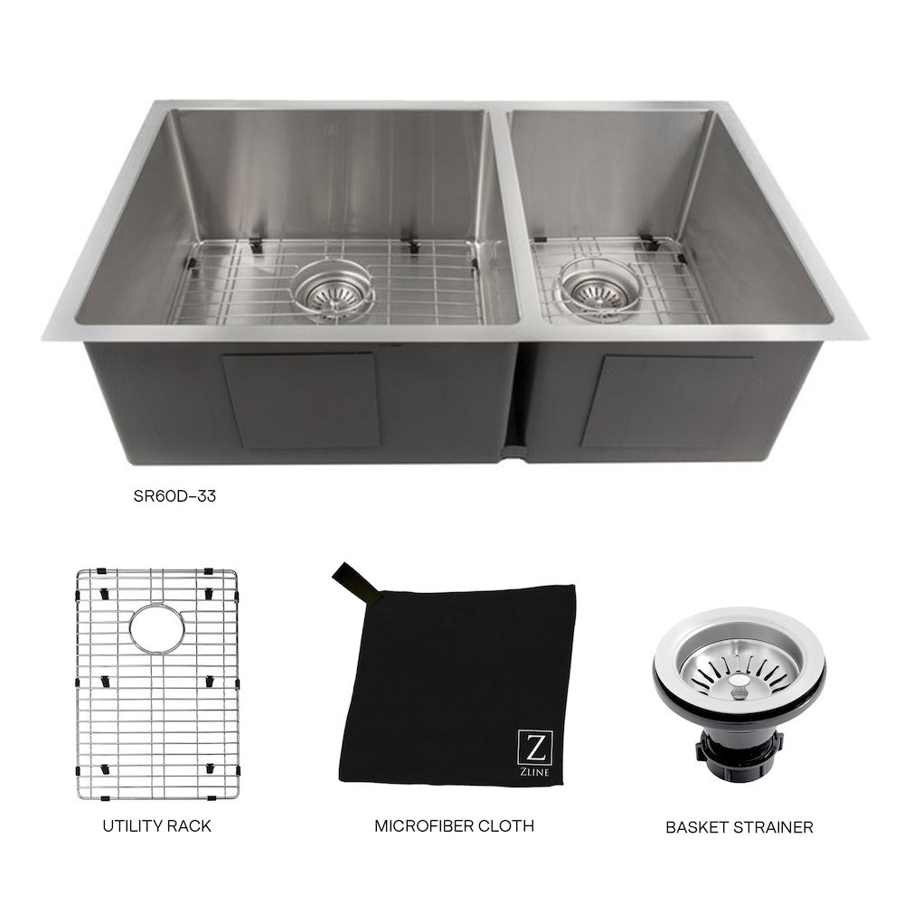 ZLINE 33 in. Chamonix Undermount Double Bowl Kitchen Sink with Bottom Grid (SR60D-33) 