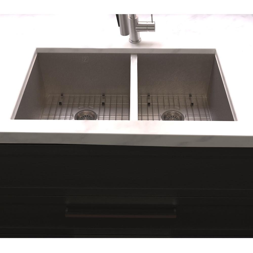 ZLINE 33 in. Chamonix Undermount Double Bowl Kitchen Sink with Bottom Grid (SR60D-33) 