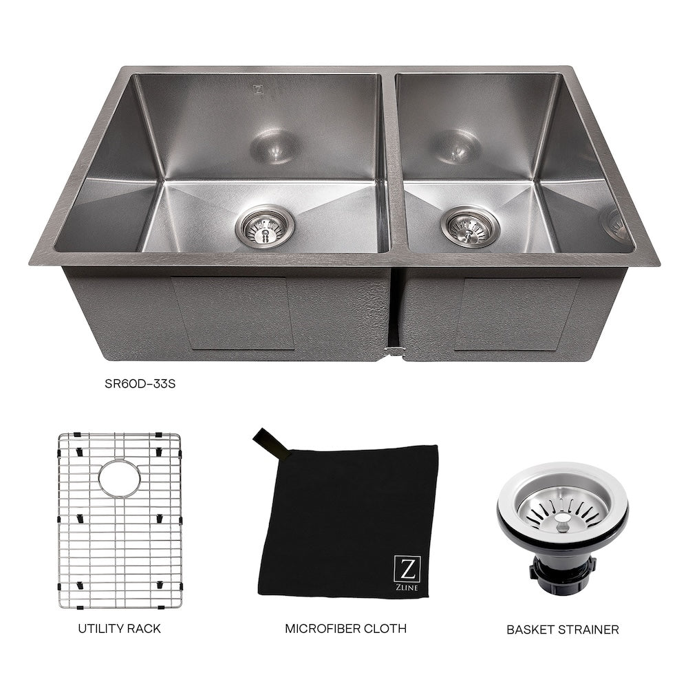 ZLINE 33 in. Chamonix Undermount Double Bowl Kitchen Sink with Bottom Grid (SR60D-33) 