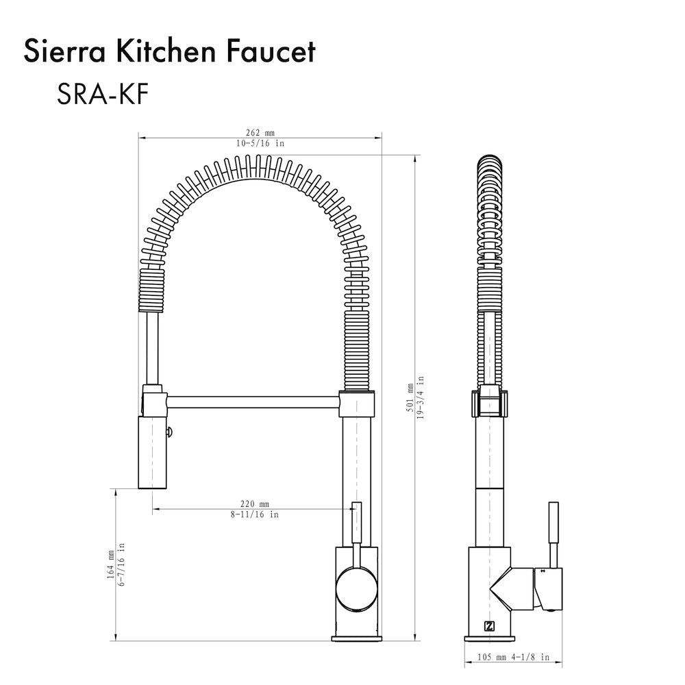 ZLINE Sierra Kitchen Faucet (SRA-KF) dimensional diagram.