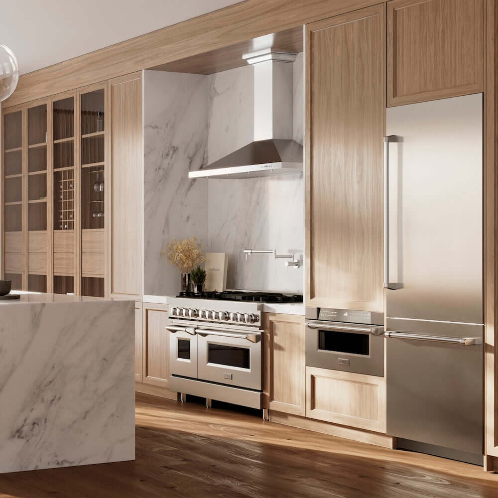 ZLINE 30 in. 16.1 cu. ft. Built-In Bottom Freezer Refrigerator with Water Dispenser and Ice Maker in Stainless Steel with Graphite Gray Interior (GRBIV-304-30) lifestyle, in a luxury kitchen.