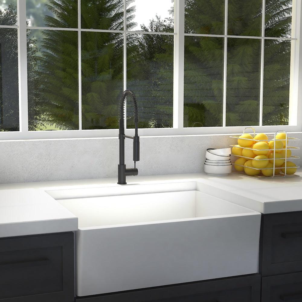 ZLINE Sierra Kitchen Faucet (SRA-KF) Matte Black in a luxury kitchen.