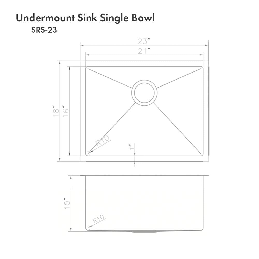 ZLINE 23 in. Meribel Undermount Single Bowl Kitchen Sink with Bottom Grid (SRS-23) dimensional diagram with measurements.