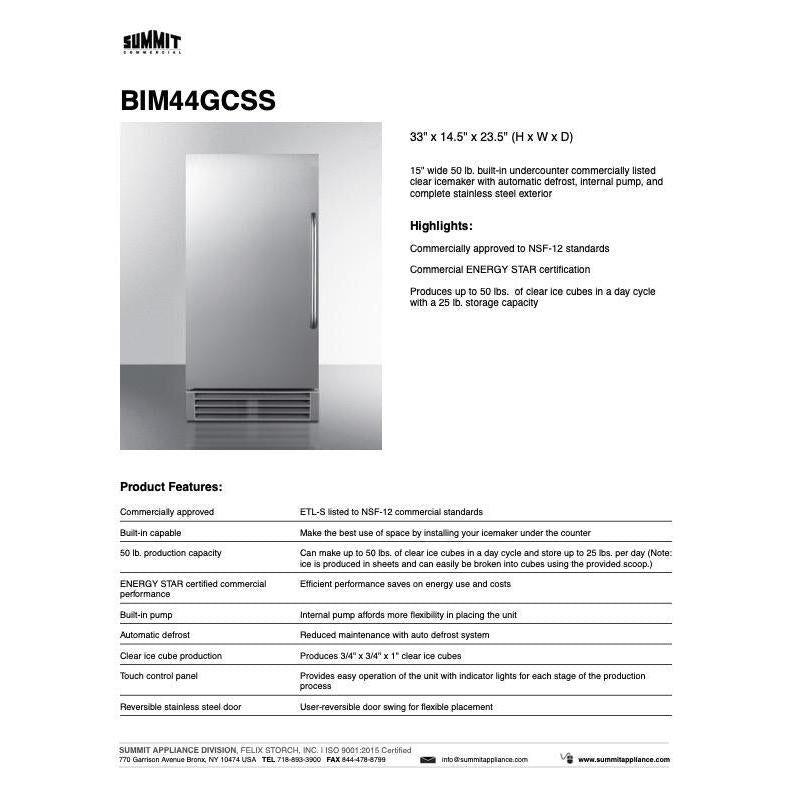 SUMMIT 14.5 in. Built-In 50 lb. Clear Icemaker (BIM44GCSS) 