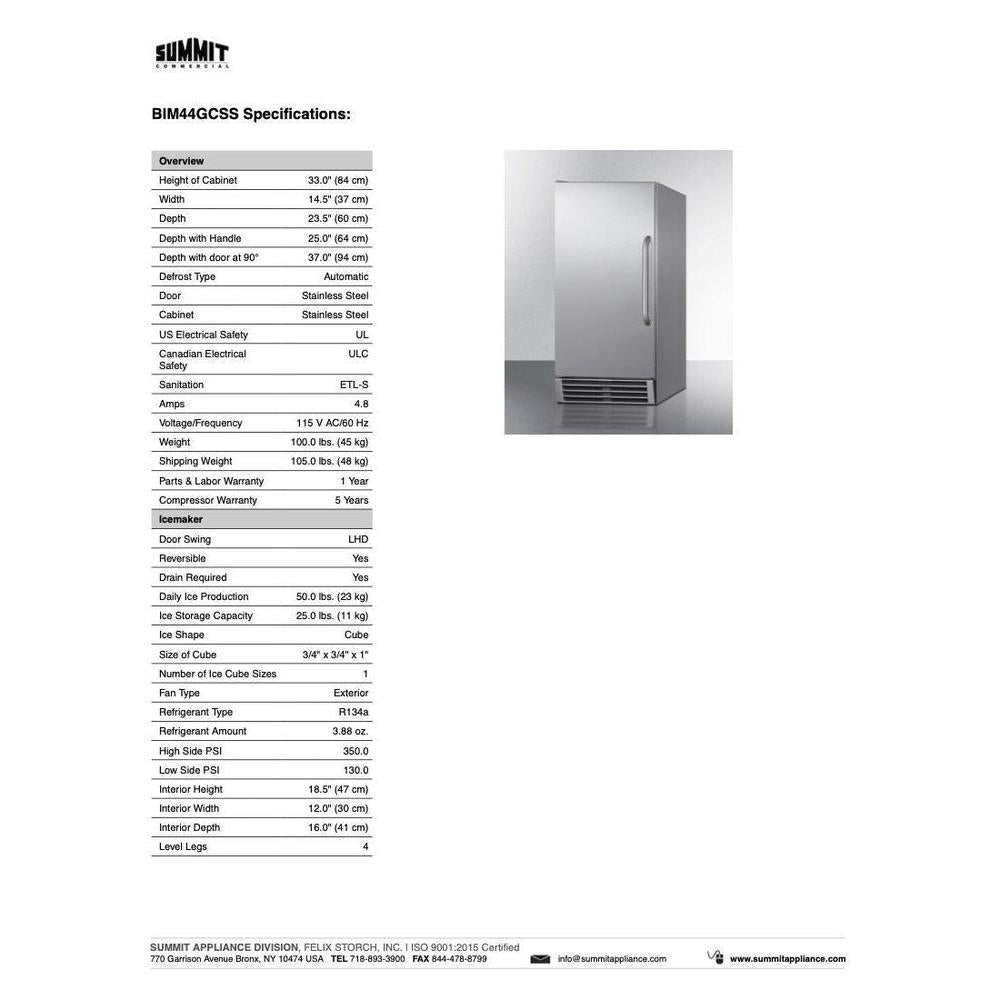 SUMMIT 14.5 in. Built-In 50 lb. Clear Icemaker (BIM44GCSS) 
