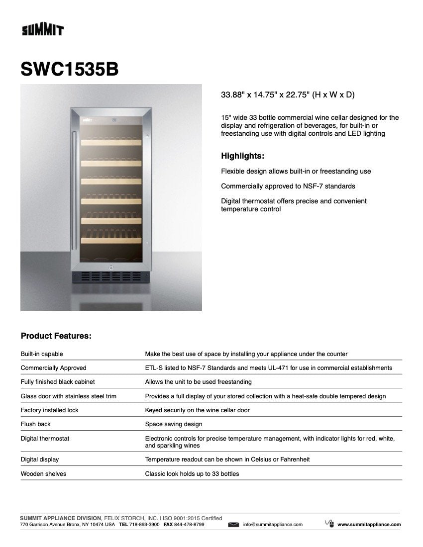 SUMMIT 15 in. Built-In 33-Bottle Wine Cellar (SWC1535B) 