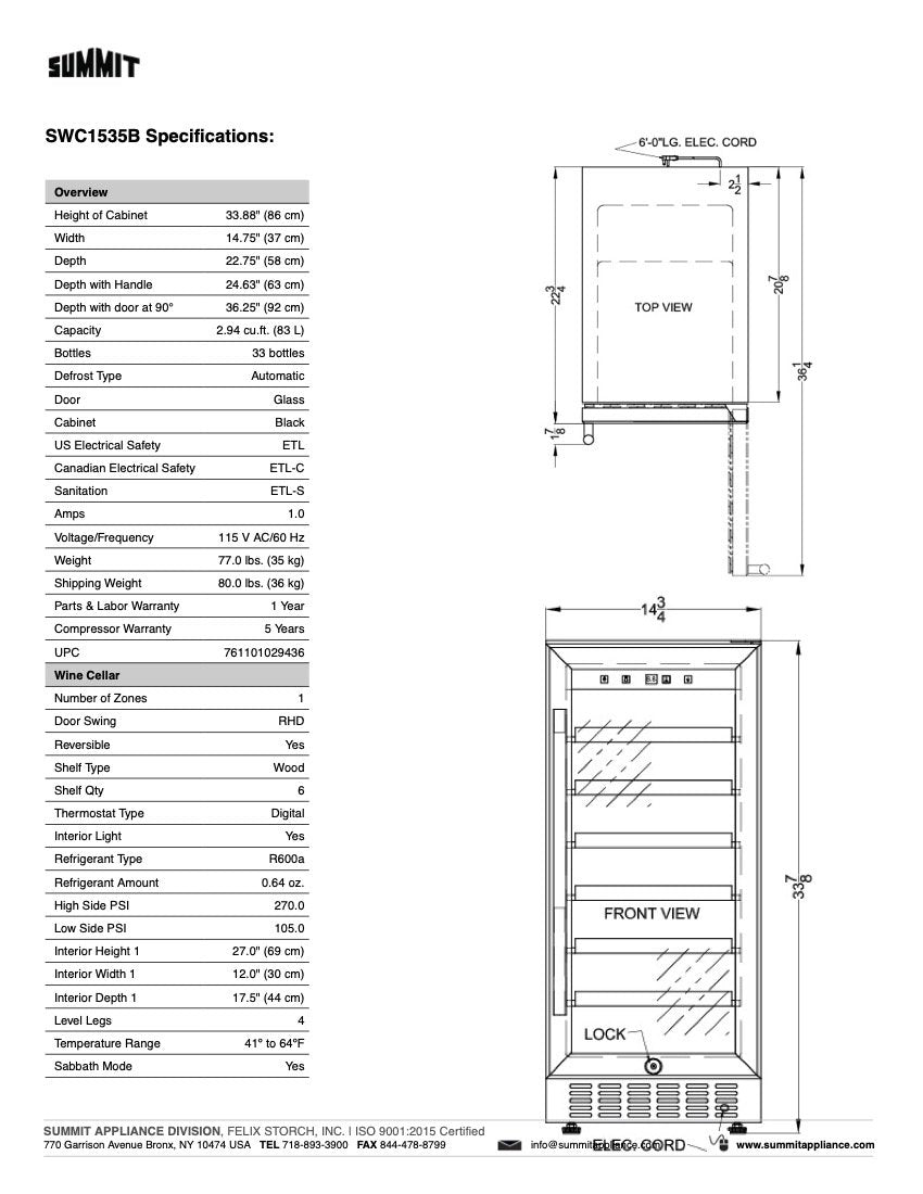 SUMMIT 15 in. Built-In 33-Bottle Wine Cellar (SWC1535B) 