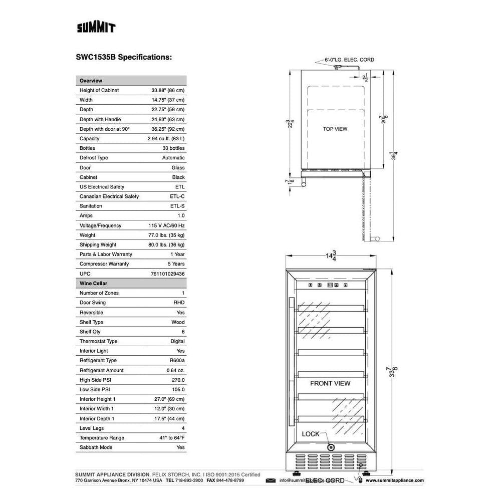 SUMMIT 15 in. Built-In 33-Bottle Wine Cellar (SWC1535B) 
