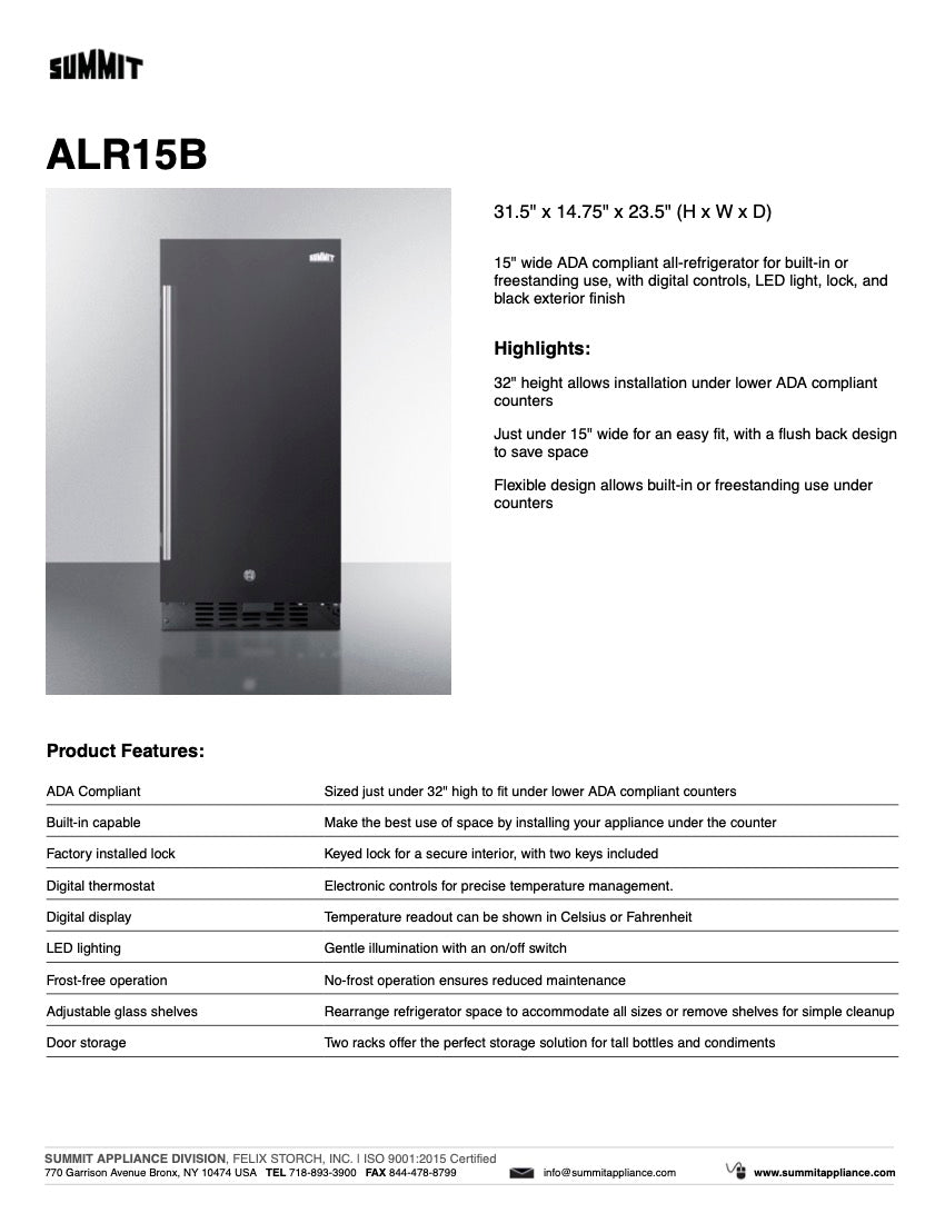 SUMMIT 15 in. Built-In All-Refrigerator, ADA Compliant (ALR15) 