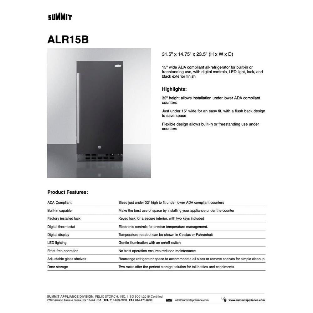 SUMMIT 15 in. Built-In All-Refrigerator, ADA Compliant (ALR15) 