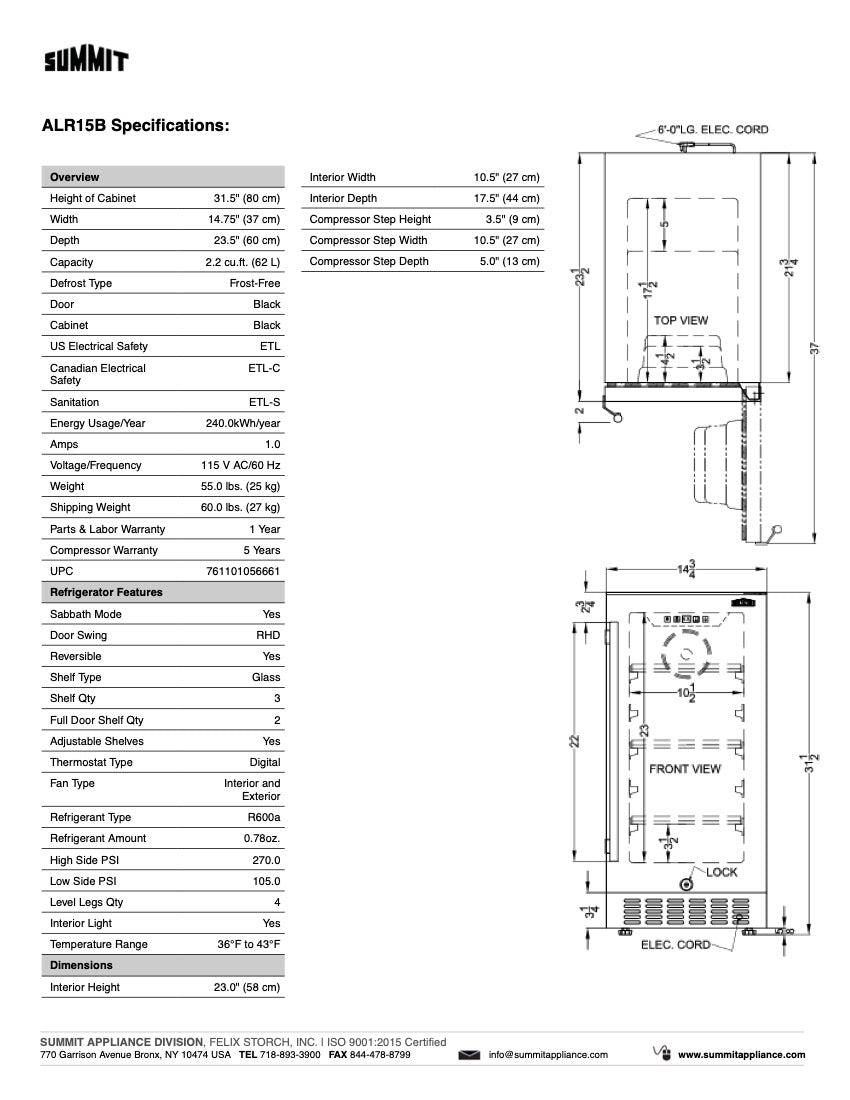 SUMMIT 15 in. Built-In All-Refrigerator, ADA Compliant (ALR15) 