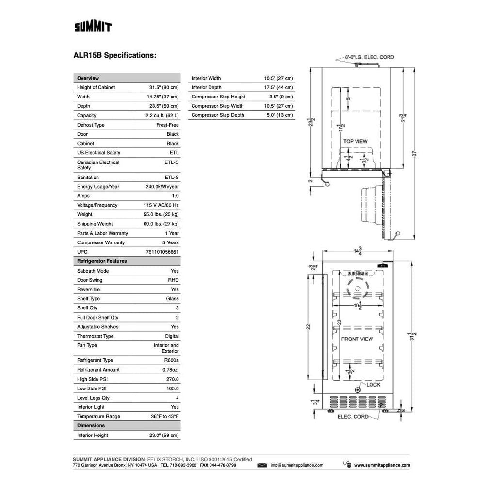 SUMMIT 15 in. Built-In All-Refrigerator, ADA Compliant (ALR15) 